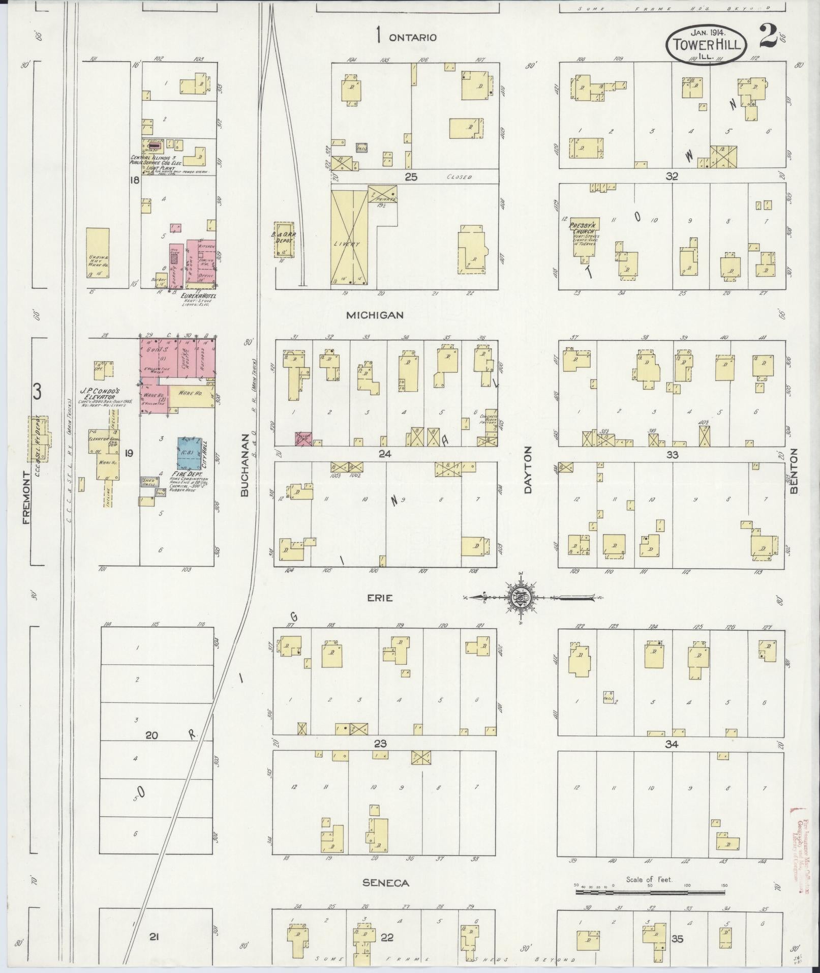 Sanborn Fire Insurance Map from Tower Hill, Shelby County, Illinois (1914), Sheet #0002 - Historic Sanborn Fire Insurance Map Print, vintage old map wall art, antique decor, genealogy gift, Illinois Illinois map