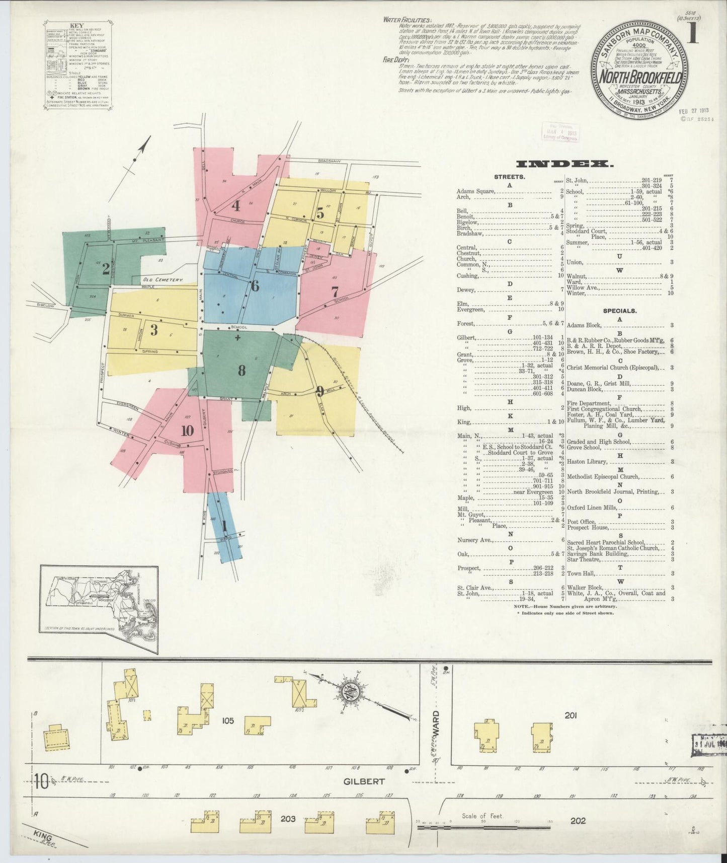 Sanborn Fire Insurance Map from North Brookfield, Worcester County, Massachusetts (1913), Sheet #0001 - Complete Map Set gallery image, historic Sanborn map, vintage wall art, Massachusetts Massachusetts