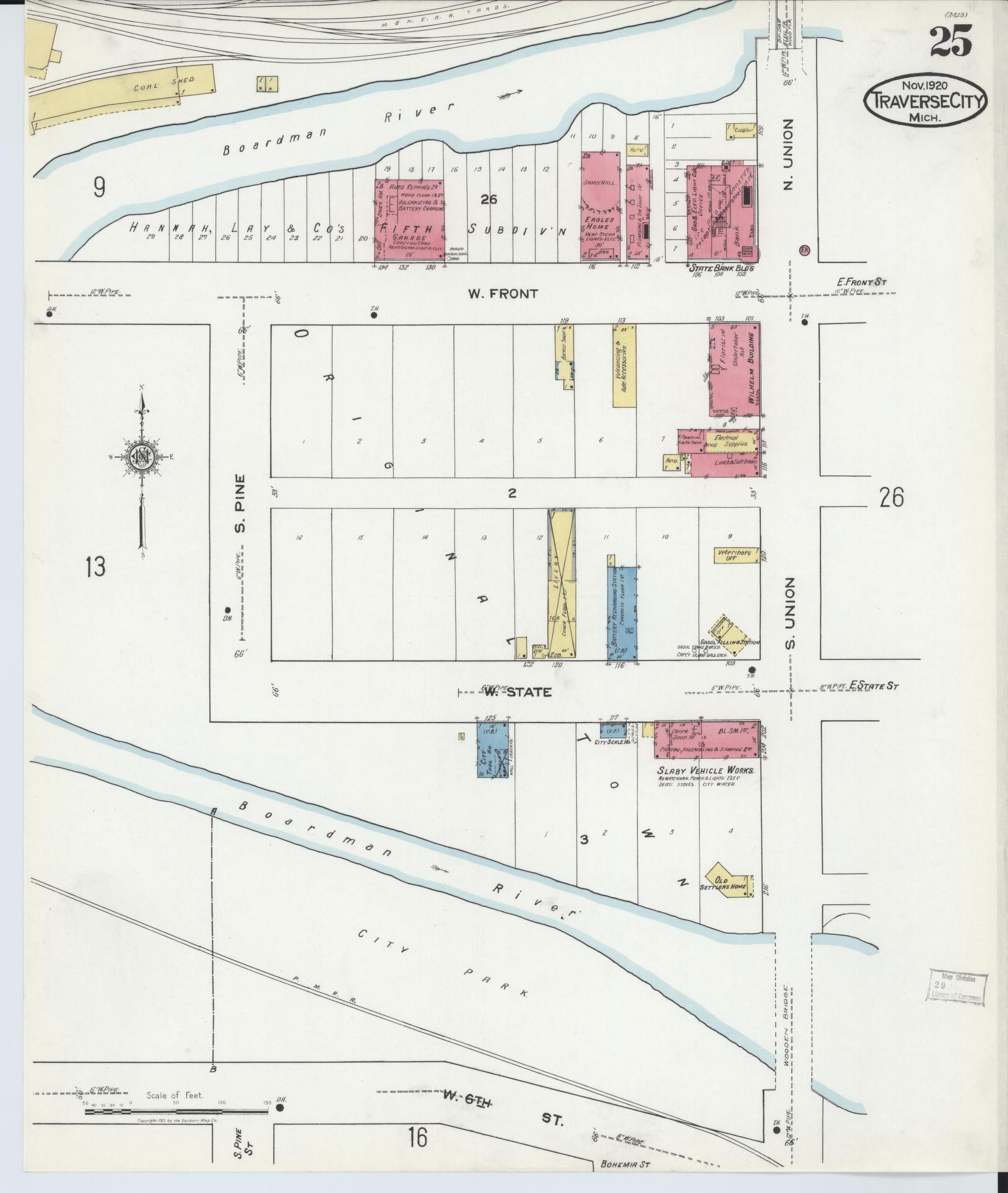 Sanborn Fire Insurance Map from Traverse City, Grand Traverse County, Michigan (1920), Sheet #0025 - Historic Sanborn Fire Insurance Map Print, vintage old map wall art, antique decor, genealogy gift, Michigan Michigan map
