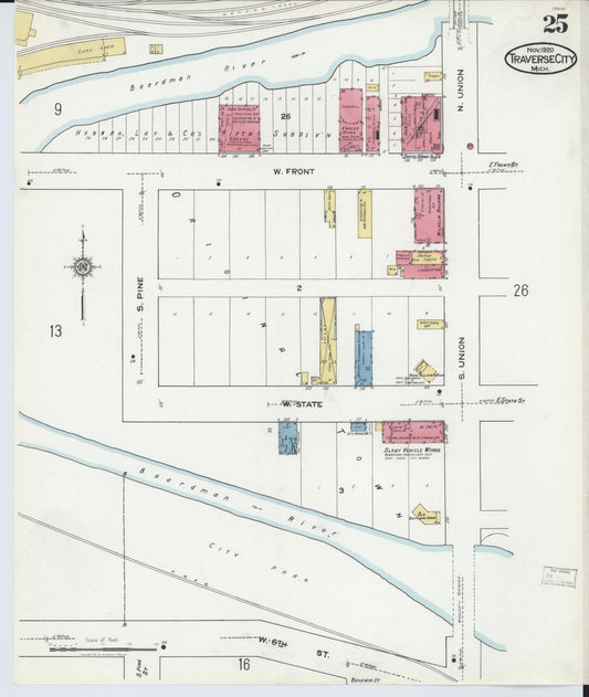 Sanborn Fire Insurance Map from Traverse City, Grand Traverse County, Michigan (1920), Sheet #0025 - Historic Sanborn Fire Insurance Map Print, vintage old map wall art, antique decor, genealogy gift, Michigan Michigan map
