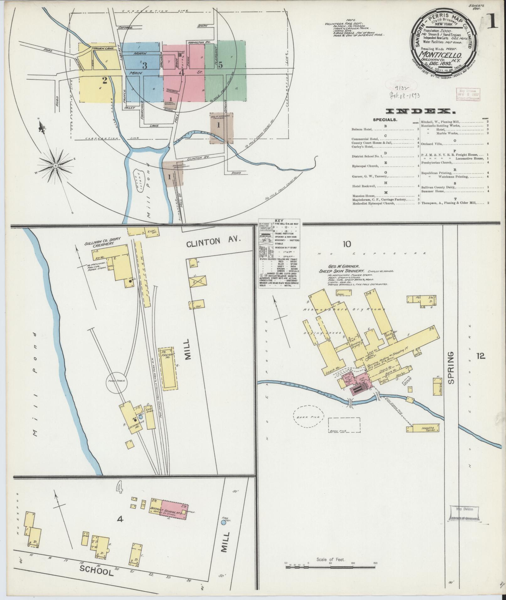 Sanborn Fire Insurance Map from Monticello, Sullivan County, New York (1892), Sheet #0001 - Historic Sanborn Fire Insurance Map Print, vintage old map wall art, antique decor, genealogy gift, New York New York map