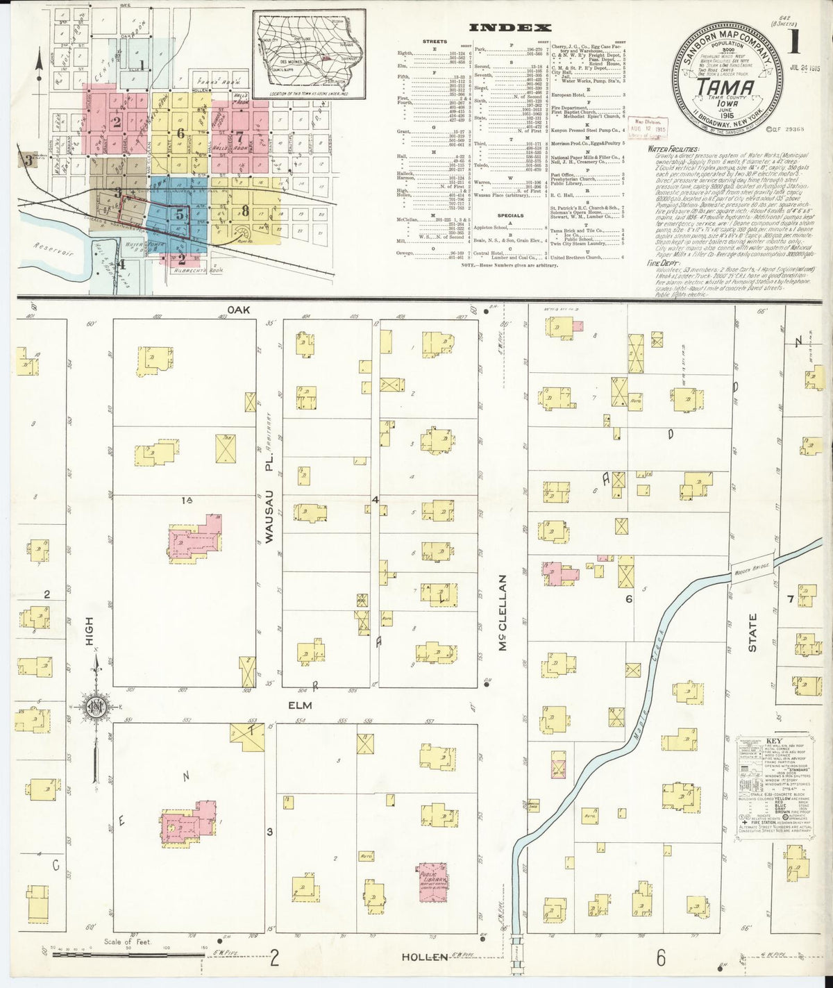 Sanborn Fire Insurance Map from Tama, Tama County, Iowa (1915), Sheet #0001 - Historic Sanborn Fire Insurance Map Print, vintage old map wall art