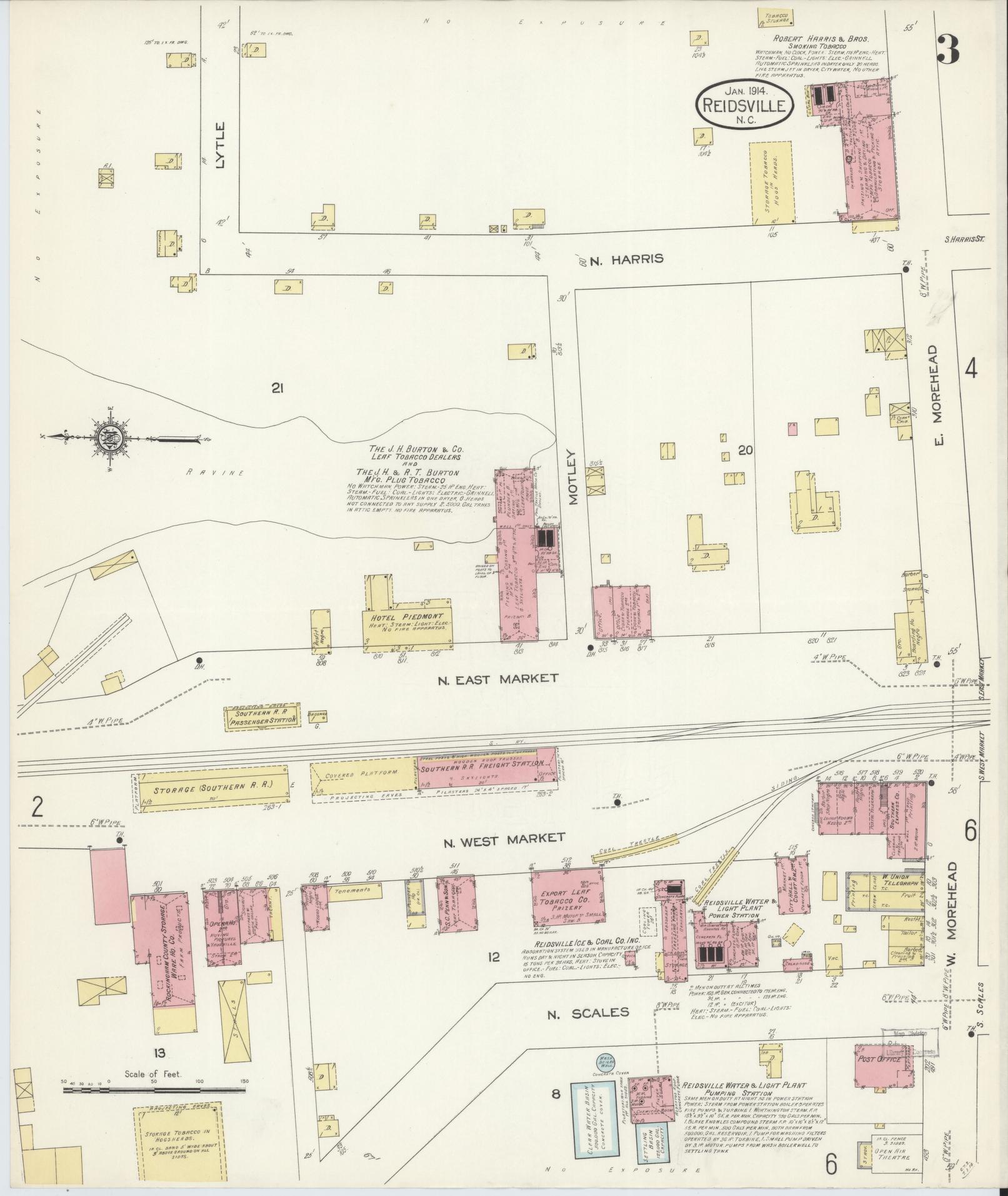 Sanborn Fire Insurance Map from Reidsville, Rockingham County, North Carolina (1914), Sheet #0003 - Complete Map Set gallery image, historic Sanborn map, vintage wall art, North Carolina North Carolina