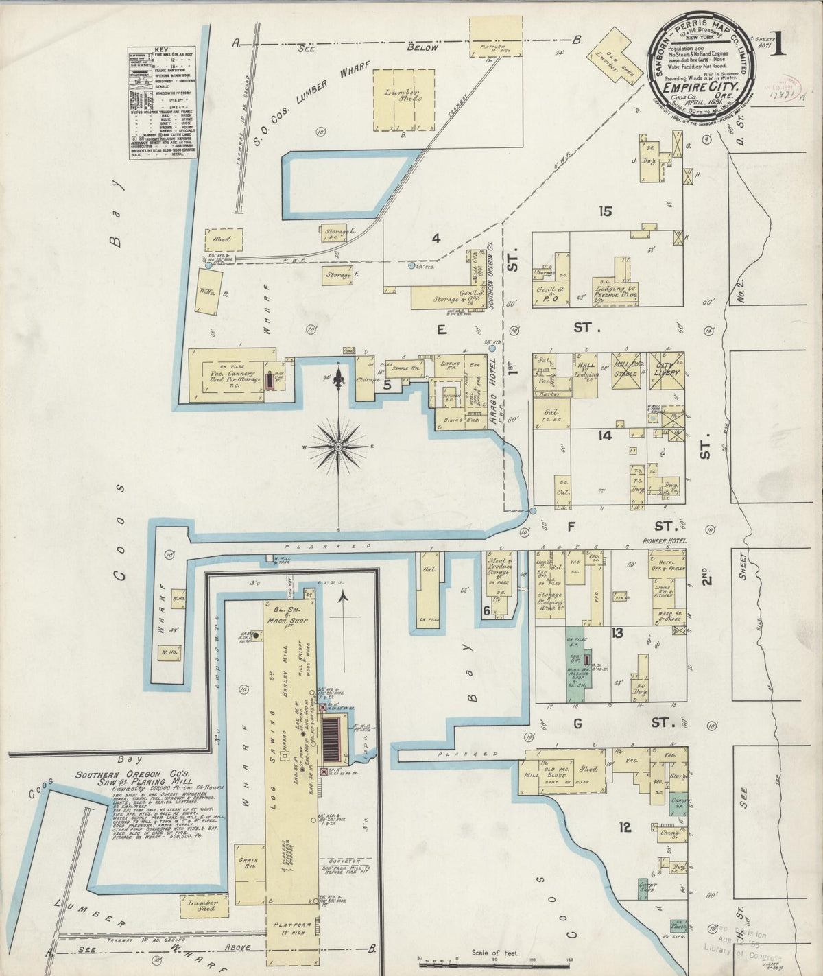 Sanborn Fire Insurance Map from Empire, Coos County, Oregon (1891), Sheet #0001 - Historic Sanborn Fire Insurance Map Print, vintage old map wall art, antique decor, genealogy gift, Oregon Oregon map
