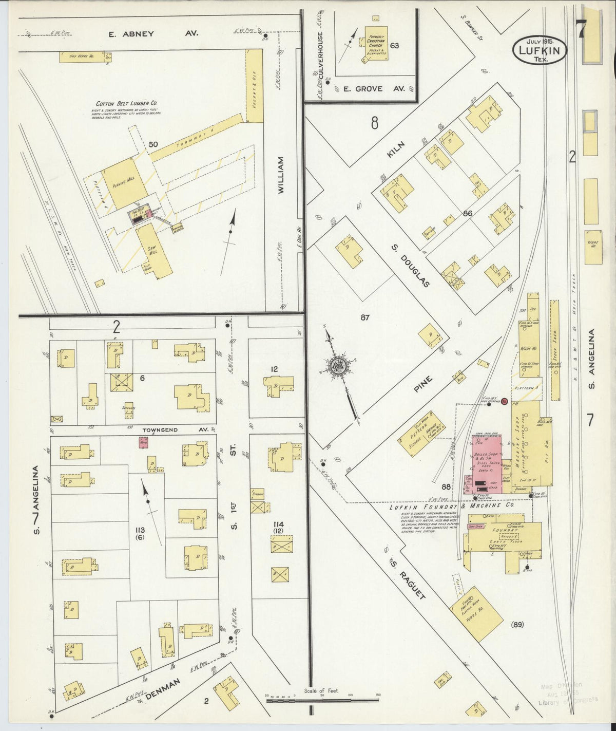 Sanborn Fire Insurance Map from Lufkin, Angelina County, Texas (1915), Sheet #0007 - Complete Map Set gallery image, historic Sanborn map, vintage wall art, Texas Texas