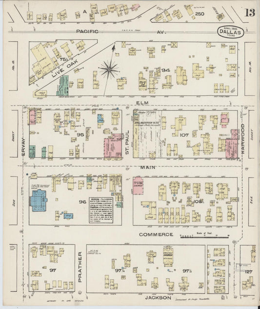 Sanborn Fire Insurance Map from Dallas, Dallas County, Texas (1885), Sheet #0013 - Historic Sanborn Fire Insurance Map Print, vintage old map wall art, antique decor, genealogy gift, Texas Texas map