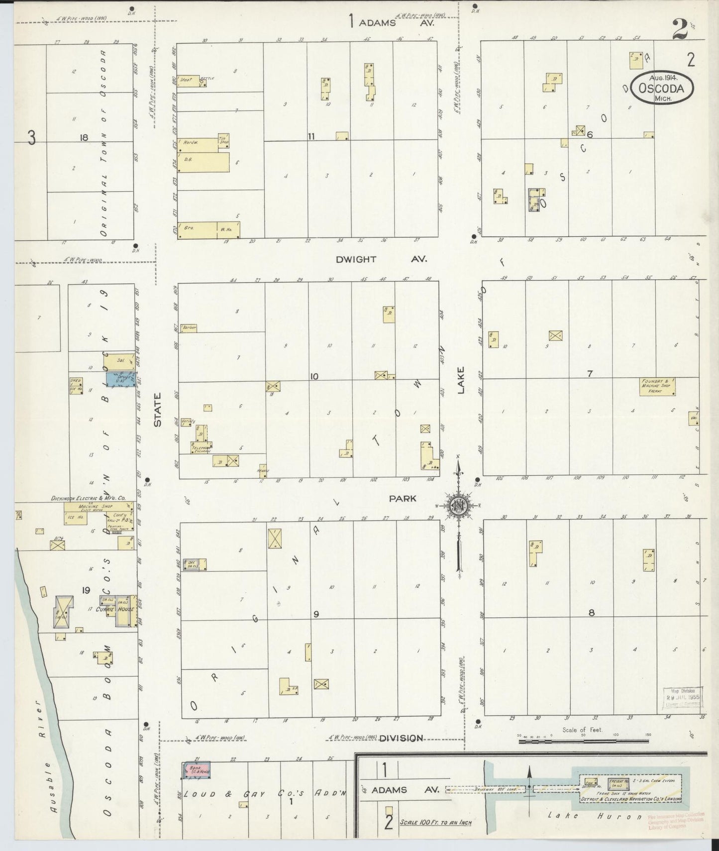 Sanborn Fire Insurance Map from Oscoda, Iosco County, Michigan (1914), Sheet #0002 - Complete Map Set gallery image, historic Sanborn map, vintage wall art, Michigan Michigan