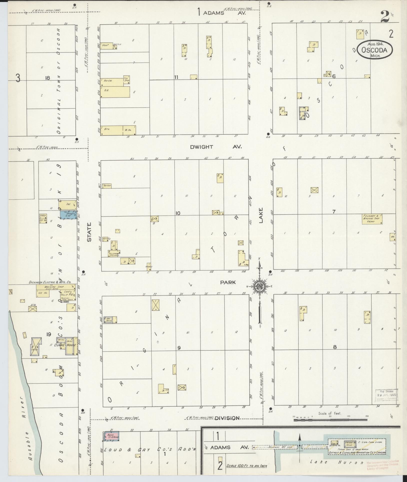 Sanborn Fire Insurance Map from Oscoda, Iosco County, Michigan (1914), Sheet #0002 - Complete Map Set gallery image, historic Sanborn map, vintage wall art, Michigan Michigan