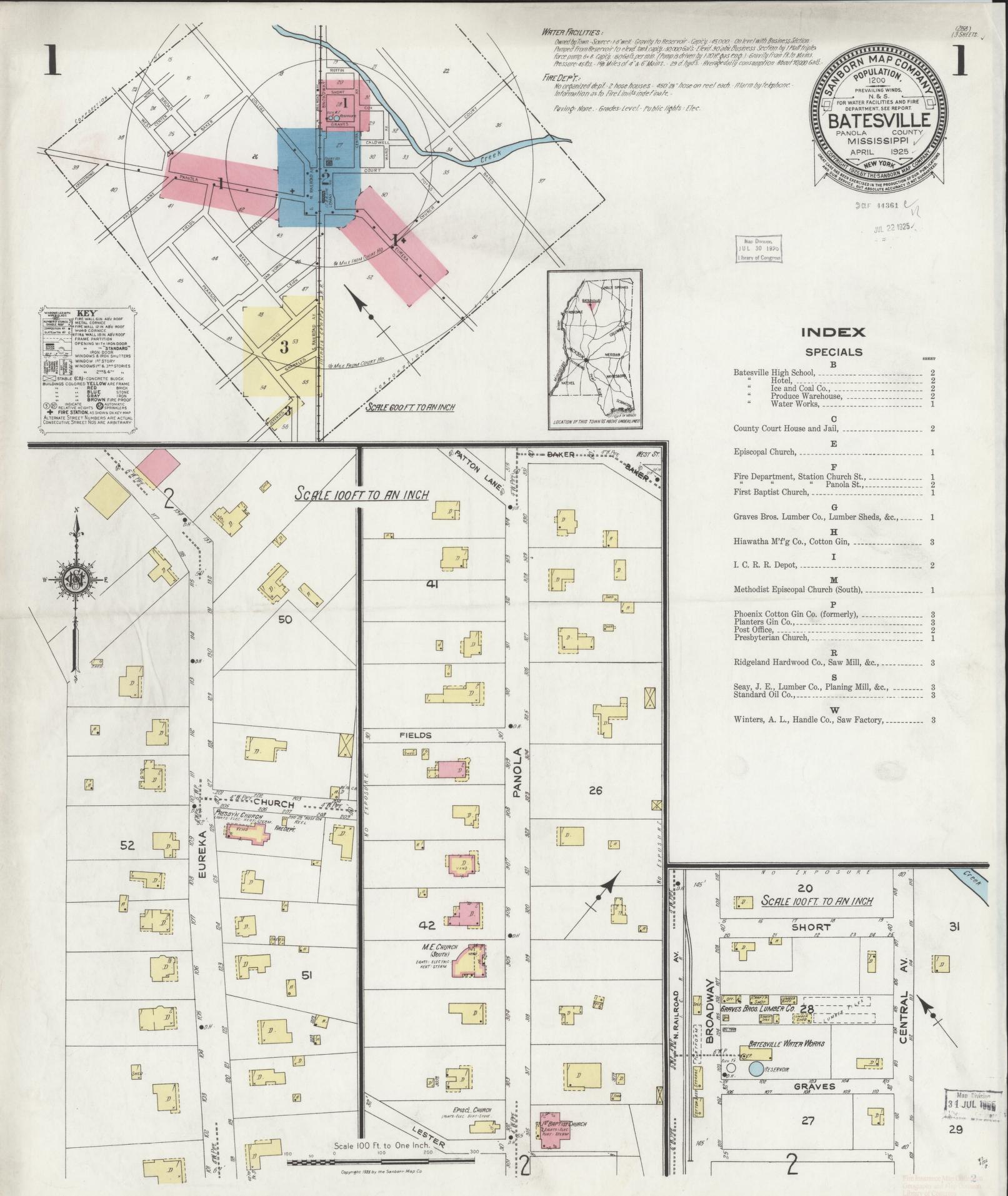 Sanborn Fire Insurance Map from Batesville, Panola County, Mississippi (1925), Sheet #0001 - Complete Map Set gallery image, historic Sanborn map, vintage wall art, Mississippi Mississippi