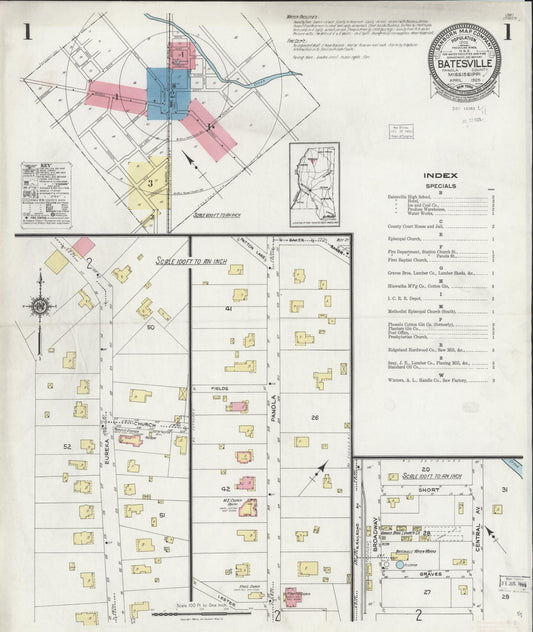 Sanborn Fire Insurance Map from Batesville, Panola County, Mississippi (1925), Sheet #0001 - Complete Map Set gallery image, historic Sanborn map, vintage wall art, Mississippi Mississippi