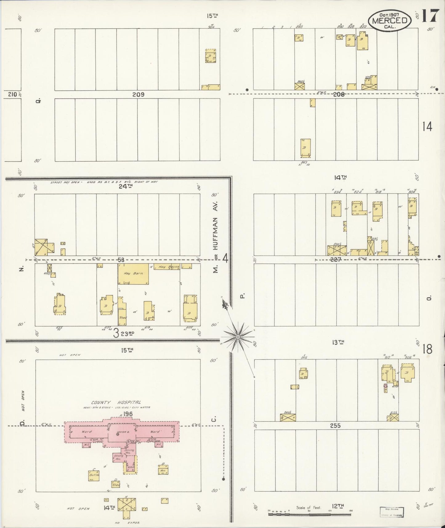 Sanborn Fire Insurance Map from Merced, Merced County, California (1907), Sheet #0017 - Complete Map Set gallery image, historic Sanborn map, vintage wall art, California California
