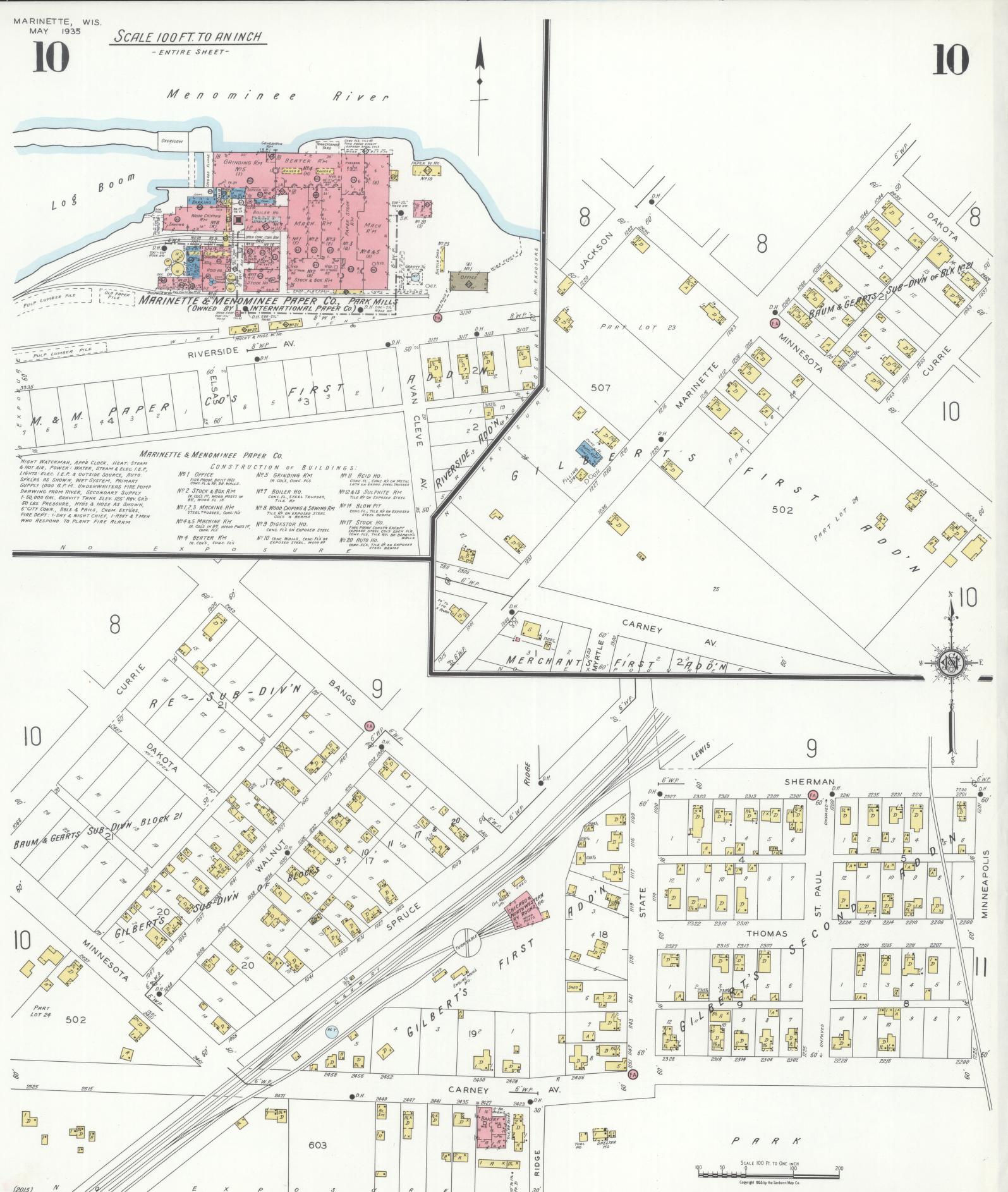Sanborn Fire Insurance Map from Marinette, Marinette County, Wisconsin (1935), Sheet #0010 - Historic Sanborn Fire Insurance Map Print, vintage old map wall art, antique decor, genealogy gift, Wisconsin Wisconsin map