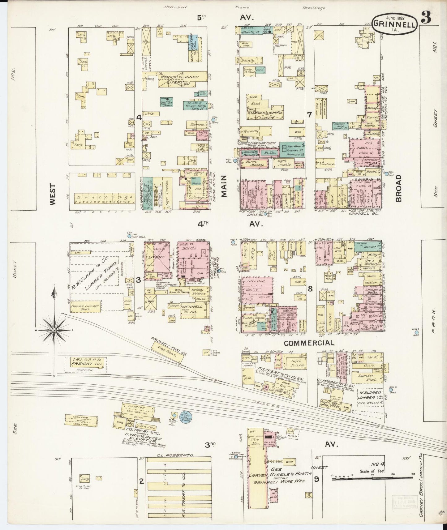 Sanborn Fire Insurance Map from Grinnell, Poweshiek County, Iowa (1888), Sheet #0003 - Historic Sanborn Fire Insurance Map Print, vintage old map wall art