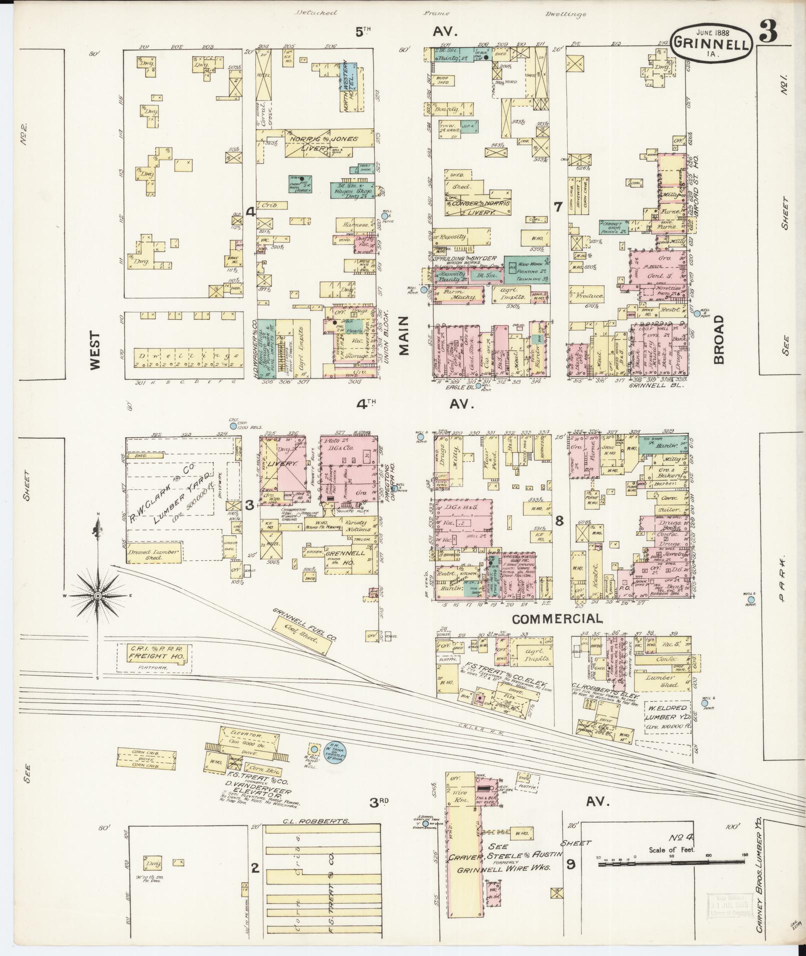 Sanborn Fire Insurance Map from Grinnell, Poweshiek County, Iowa (1888), Sheet #0003 - Historic Sanborn Fire Insurance Map Print, vintage old map wall art