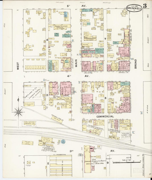 Sanborn Fire Insurance Map from Grinnell, Poweshiek County, Iowa (1888), Sheet #0003 - Historic Sanborn Fire Insurance Map Print, vintage old map wall art