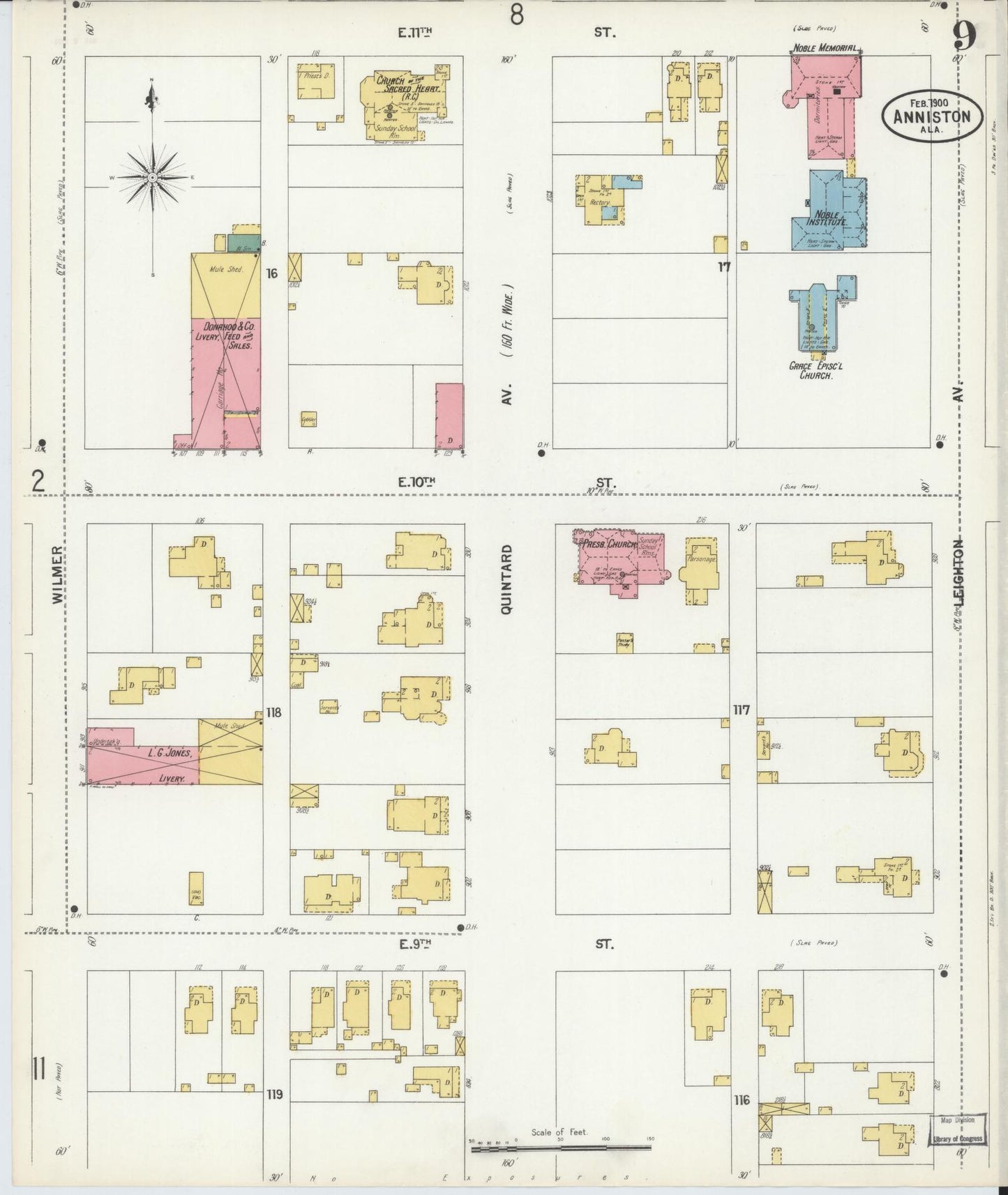 Sanborn Fire Insurance Map from Anniston, Calhoun County, Alabama (1900), Sheet #0009 - Historic Sanborn Fire Insurance Map Print, vintage old map wall art, antique decor, genealogy gift, Alabama Alabama map