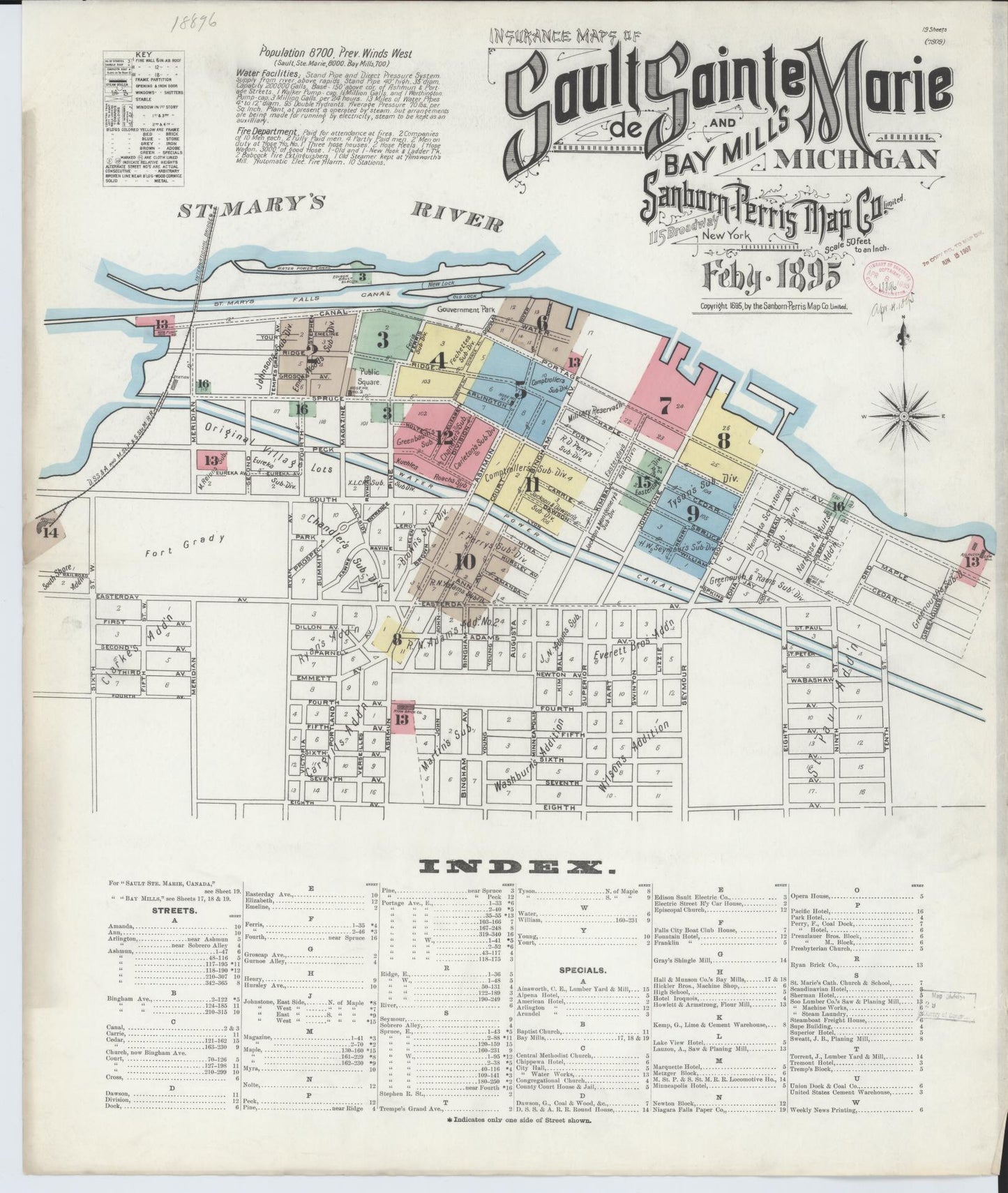 Sanborn Fire Insurance Map from Sault Sainte Marie, Chippewa County, Michigan (1895), Sheet #0001 - Historic Sanborn Fire Insurance Map Print, vintage old map wall art, antique decor, genealogy gift, Michigan Michigan map
