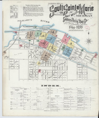 Sanborn Fire Insurance Map from Sault Sainte Marie, Chippewa County, Michigan (1895), Sheet #0001 - Historic Sanborn Fire Insurance Map Print, vintage old map wall art, antique decor, genealogy gift, Michigan Michigan map