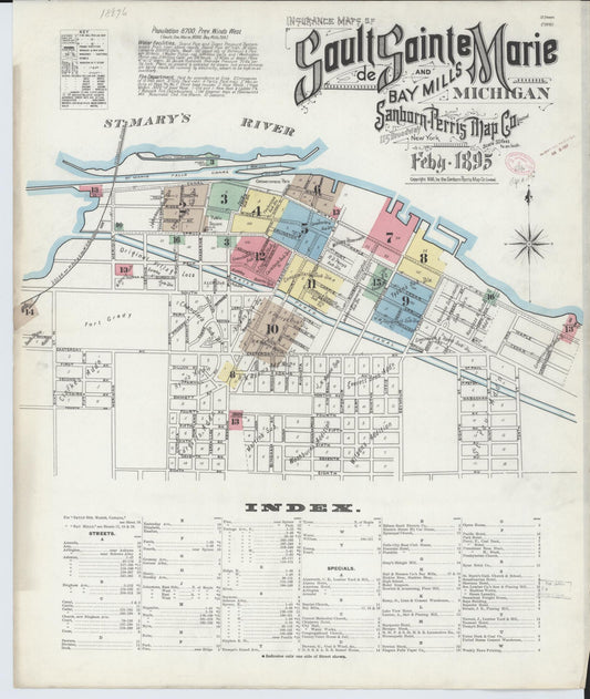 Sanborn Fire Insurance Map from Sault Sainte Marie, Chippewa County, Michigan (1895), Sheet #0001 - Historic Sanborn Fire Insurance Map Print, vintage old map wall art, antique decor, genealogy gift, Michigan Michigan map