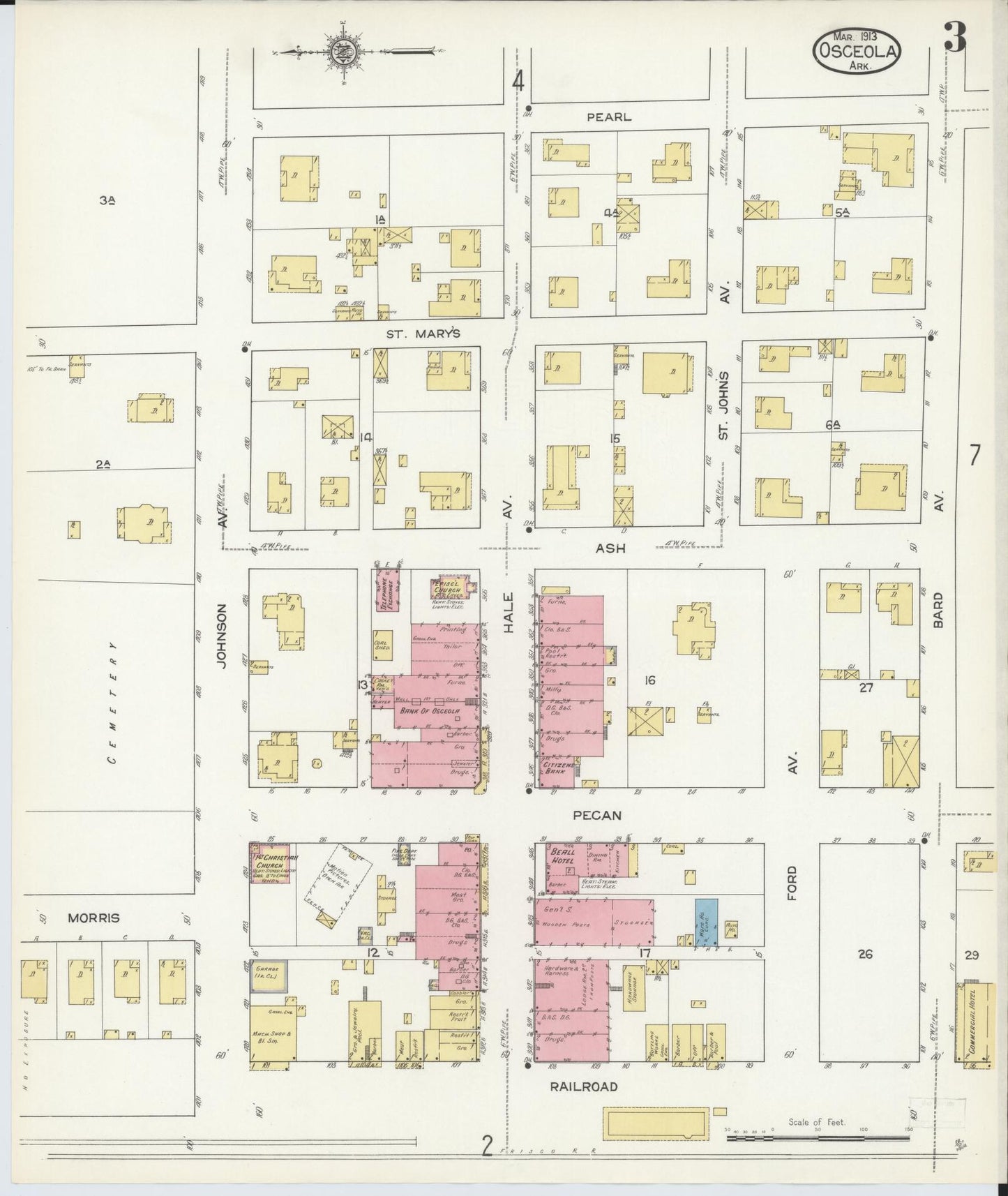 Sanborn Fire Insurance Map from Osceola, Mississippi County, Arkansas (1913), Sheet #0003 - Historic Sanborn Fire Insurance Map Print, vintage old map wall art, antique decor, genealogy gift, Osceola Mississippi map
