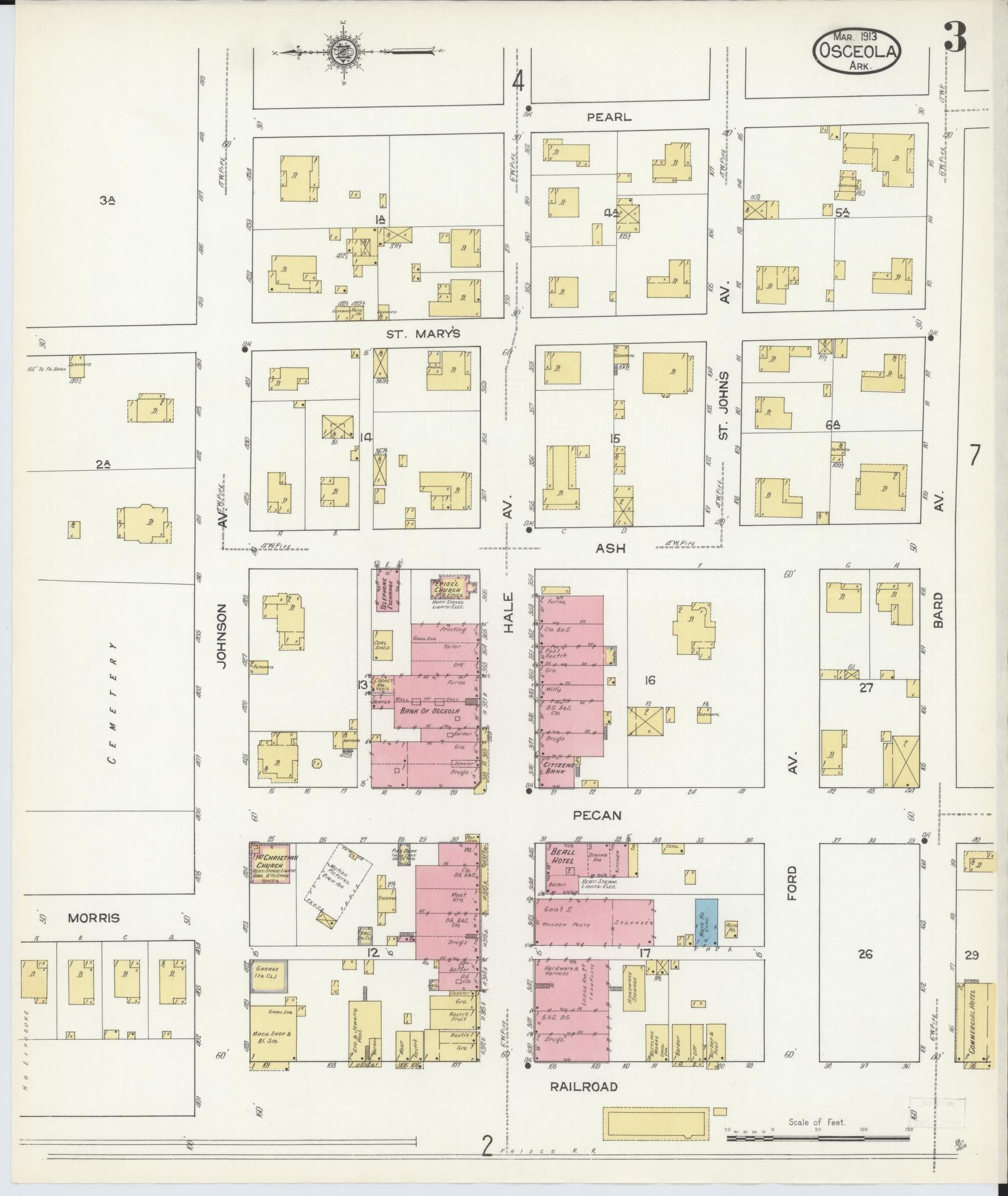 Sanborn Fire Insurance Map from Osceola, Mississippi County, Arkansas (1913), Sheet #0003 - Historic Sanborn Fire Insurance Map Print, vintage old map wall art, antique decor, genealogy gift, Osceola Mississippi map