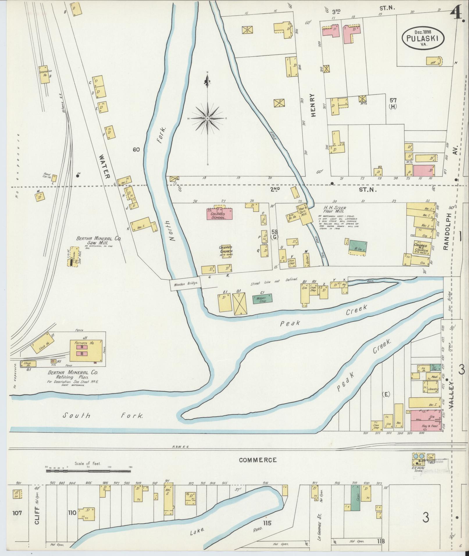 Sanborn Fire Insurance Map from Pulaski, Pulaski County, Virginia (1898), Sheet #0004 - Complete Map Set gallery image, historic Sanborn map, vintage wall art, Virginia Virginia