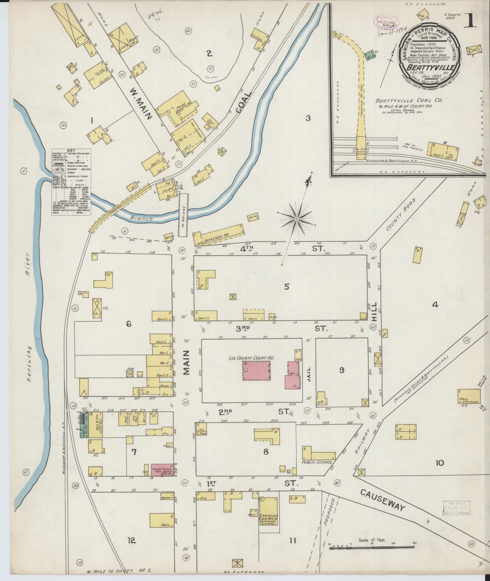 Sanborn Fire Insurance Map from Beattyville, Lee County, Kentucky (1893), Sheet #0001 - Historic Sanborn Fire Insurance Map Print, vintage old map wall art, antique decor, genealogy gift, Kentucky Kentucky map