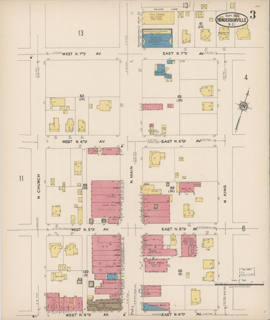 Sanborn Fire Insurance Map from Hendersonville, Henderson County, North Carolina (1922), Sheet #0003 - Historic Sanborn Fire Insurance Map Print, vintage old map wall art, antique decor, genealogy gift, North Carolina North Carolina map