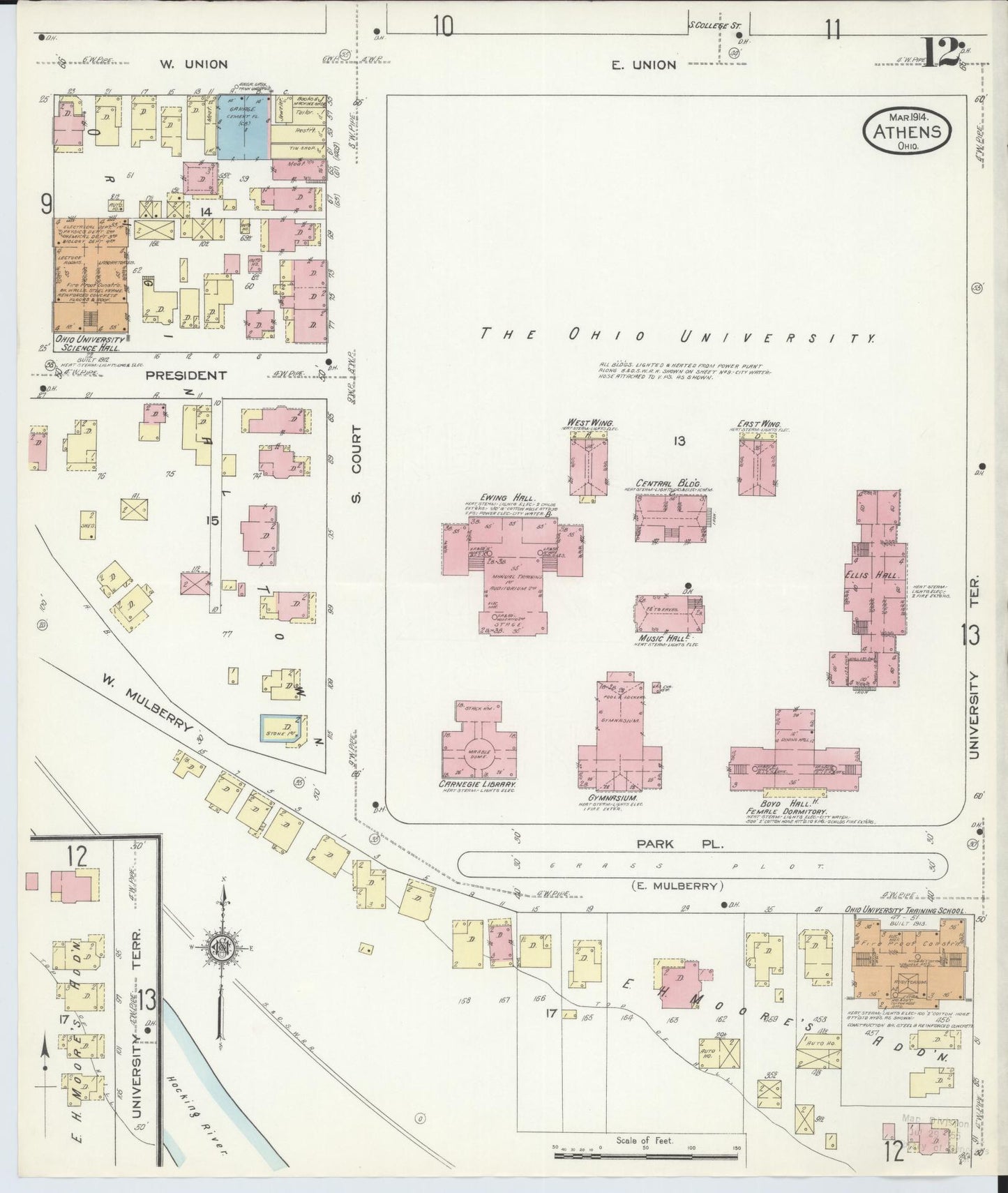 Sanborn Fire Insurance Map from Athens, Athens County, Ohio (1914), Sheet #0012 - Historic Sanborn Fire Insurance Map Print, vintage old map wall art, antique decor, genealogy gift, Ohio Ohio map