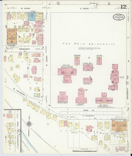 Sanborn Fire Insurance Map from Athens, Athens County, Ohio (1914), Sheet #0012 - Historic Sanborn Fire Insurance Map Print, vintage old map wall art, antique decor, genealogy gift, Ohio Ohio map
