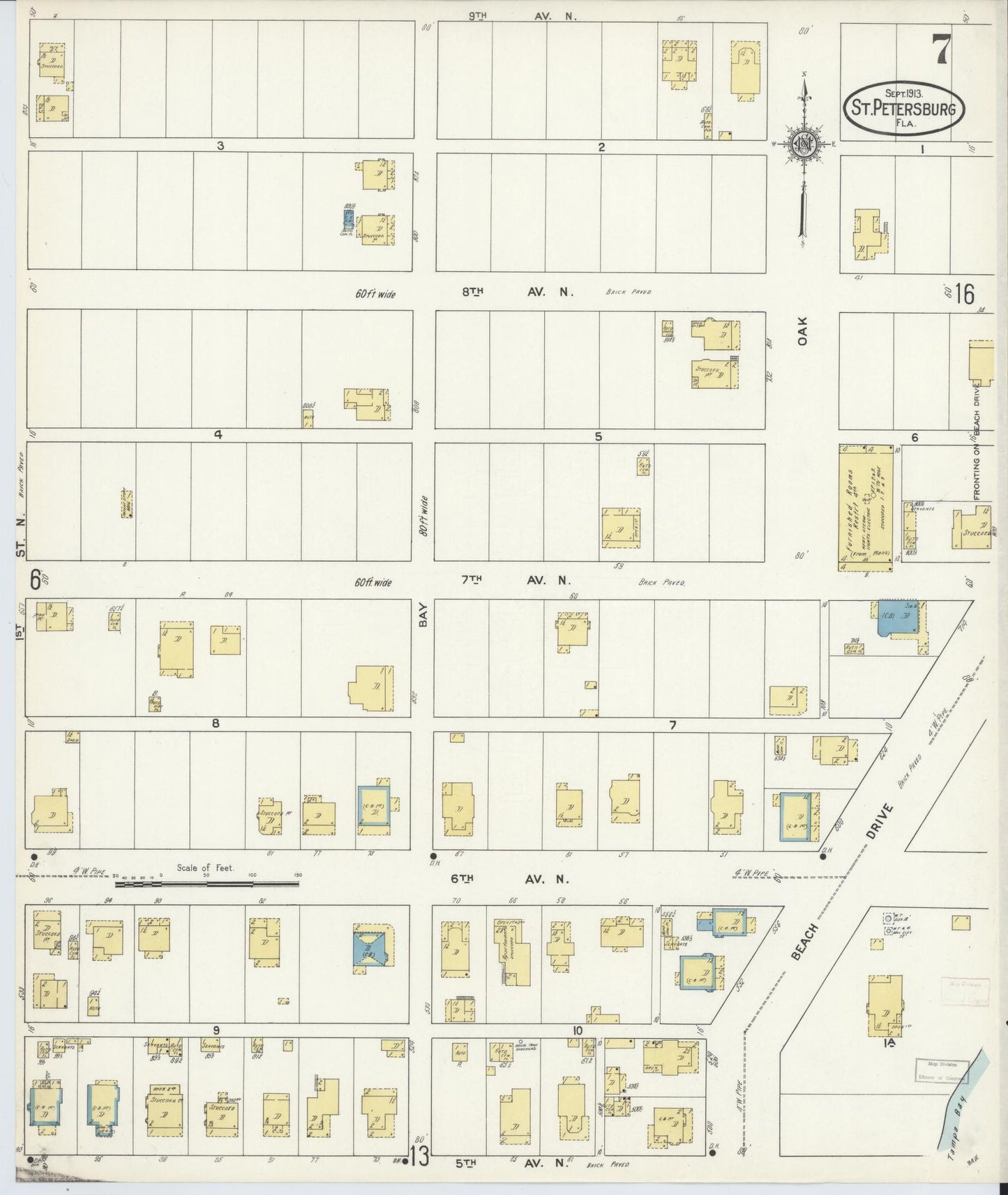 Sanborn Fire Insurance Map from Saint Petersburg, Pinellas County, Florida (1913), Sheet #0007 - Complete Map Set gallery image, historic Sanborn map, vintage wall art, Florida Florida