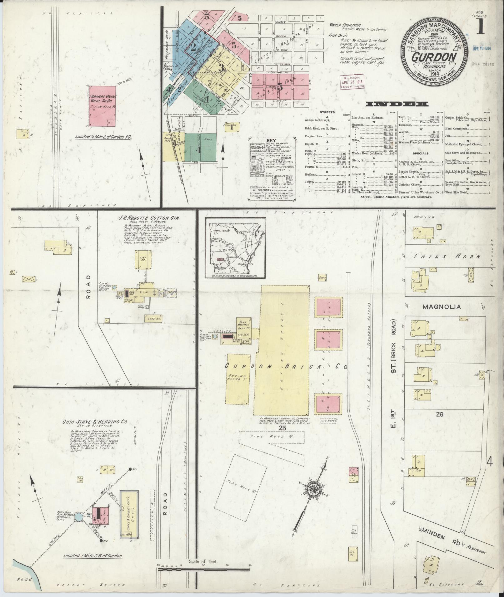 Sanborn Fire Insurance Map from Gurdon, Clark County, Arkansas (1914), Sheet #0001 - Complete Map Set gallery image, historic Sanborn map, vintage wall art, Arkansas Arkansas