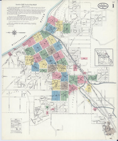 Sanborn Fire Insurance Map from Hannibal, Marion County, Missouri (1913), Sheet #0001 - Historic Sanborn Fire Insurance Map Print, vintage old map wall art, antique decor, genealogy gift, Missouri Missouri map