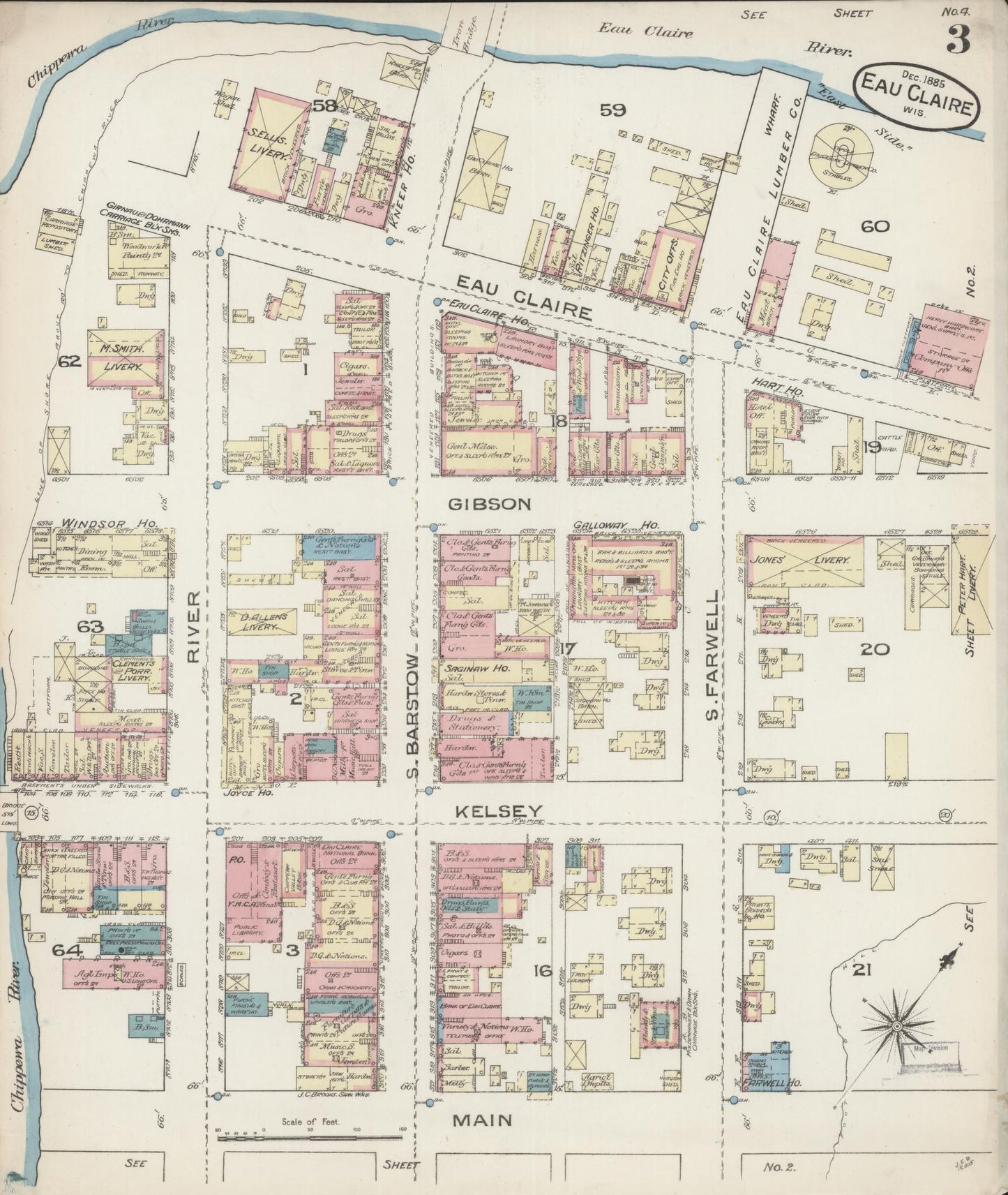 Sanborn Fire Insurance Map from Eau Claire, Eau Claire County, Wisconsin (1885), Sheet #0003 - Historic Sanborn Fire Insurance Map Print, vintage old map wall art, antique decor, genealogy gift, Wisconsin Wisconsin map