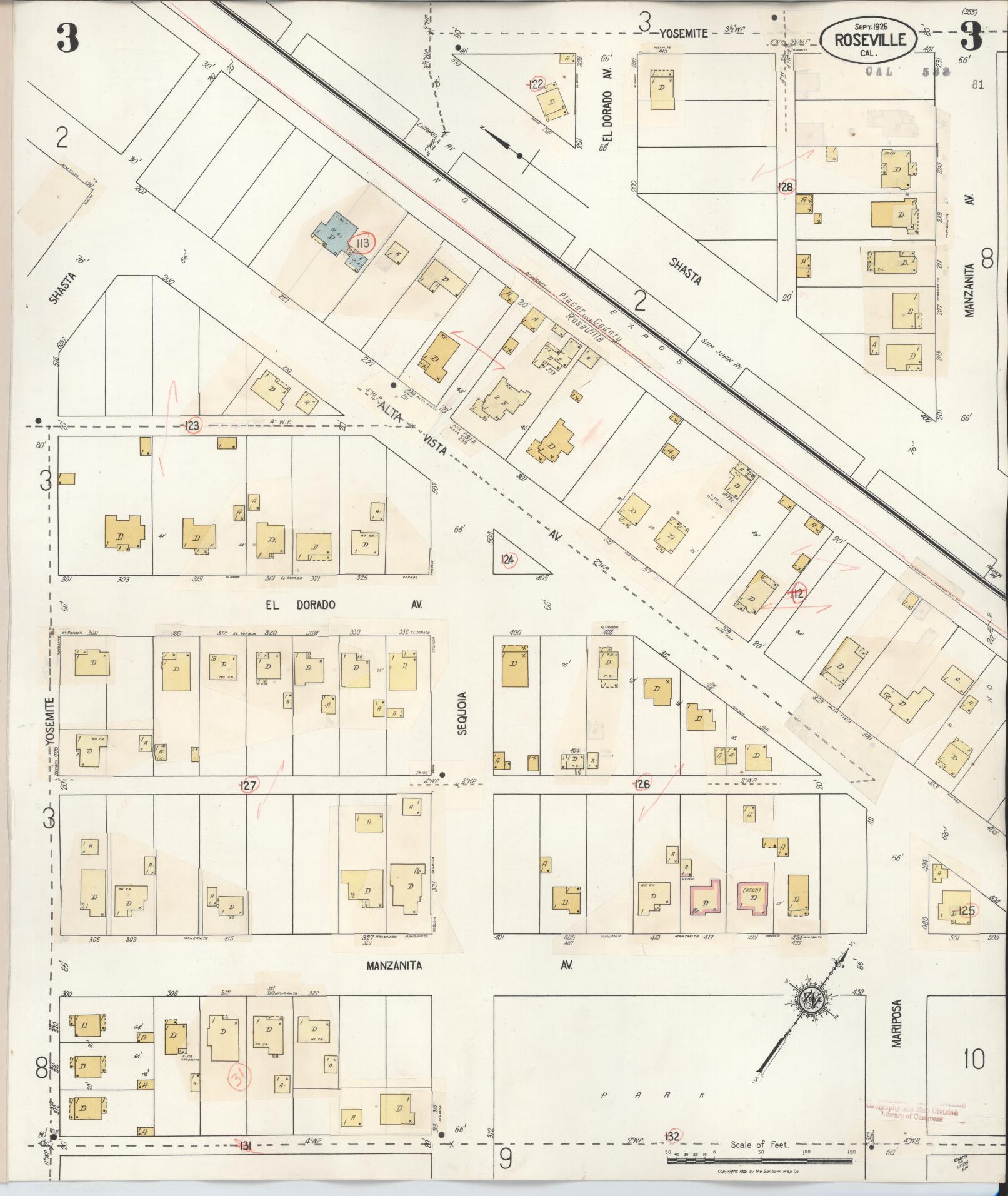 Sanborn Fire Insurance Map from Roseville, Placer County, California (1944), Sheet #0003 - Complete Map Set gallery image, historic Sanborn map, vintage wall art, California California