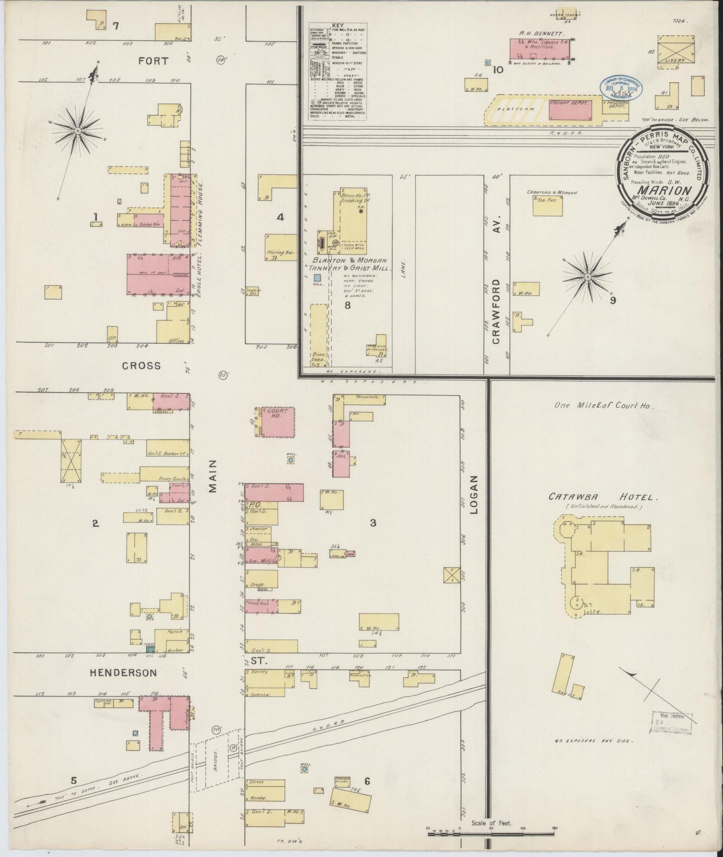 Sanborn Fire Insurance Map from Marion, Mcdowell County, North Carolina (1894), Sheet #0001 - Historic Sanborn Fire Insurance Map Print, vintage old map wall art, antique decor, genealogy gift, North Carolina North Carolina map