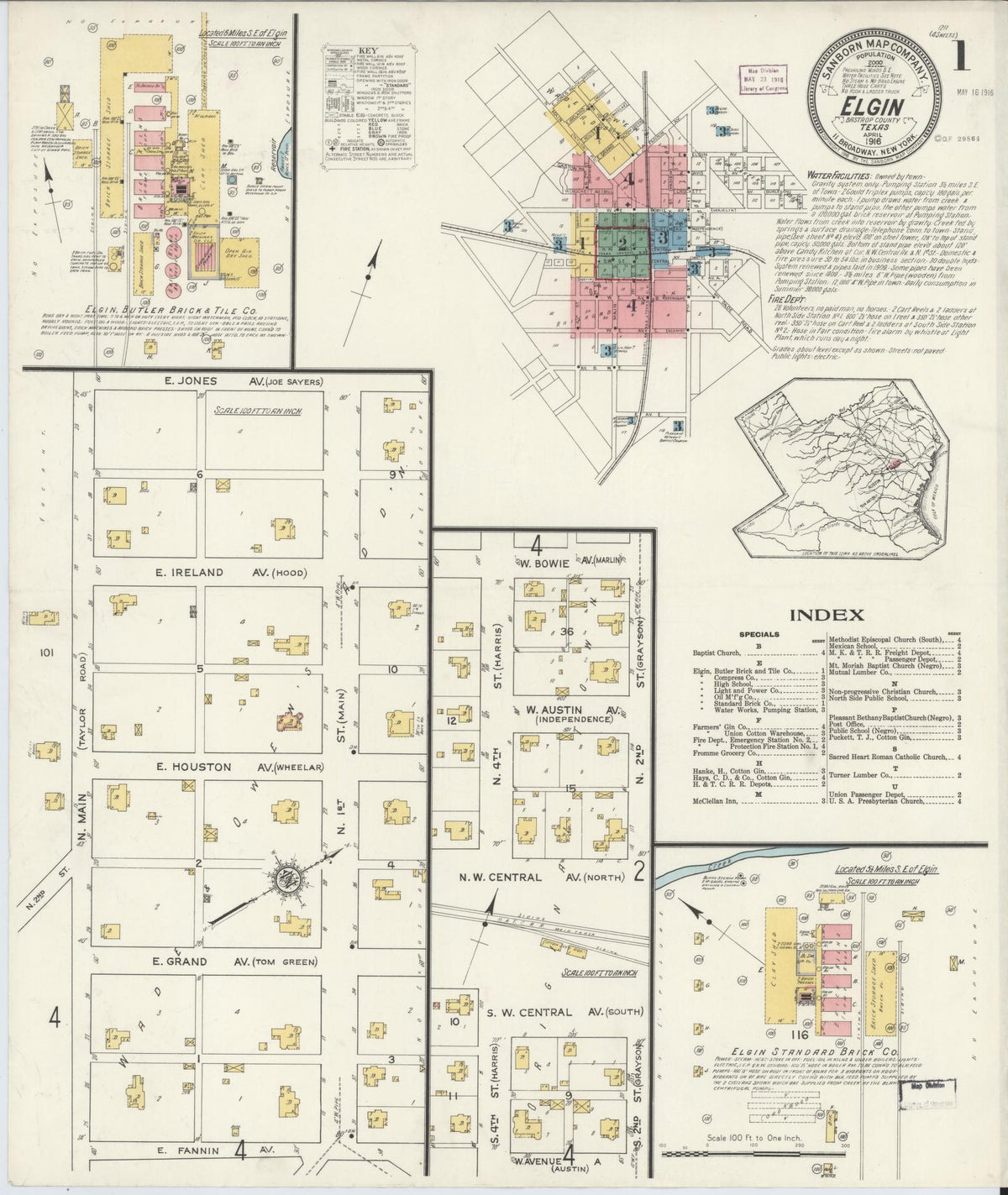 Sanborn Fire Insurance Map from Elgin, Bastrop County, Texas (1916), Sheet #0001 - Historic Sanborn Fire Insurance Map Print, vintage old map wall art, antique decor, genealogy gift, Texas Texas map