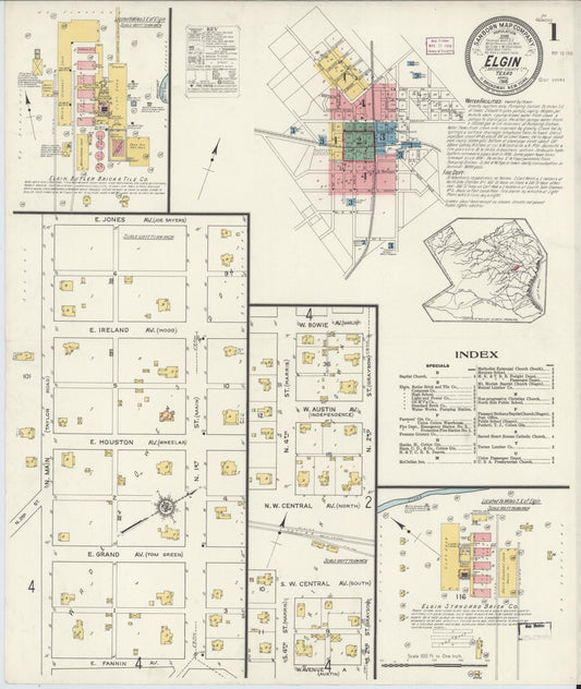 Sanborn Fire Insurance Map from Elgin, Bastrop County, Texas (1916), Sheet #0001 - Historic Sanborn Fire Insurance Map Print, vintage old map wall art, antique decor, genealogy gift, Texas Texas map