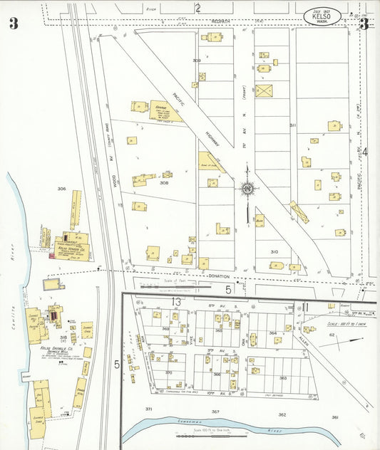 Sanborn Fire Insurance Map from Kelso, Cowlitz County, Washington (1927), Sheet #0003 - Historic Sanborn Fire Insurance Map Print, vintage old map wall art, antique decor, genealogy gift, Washington Washington map