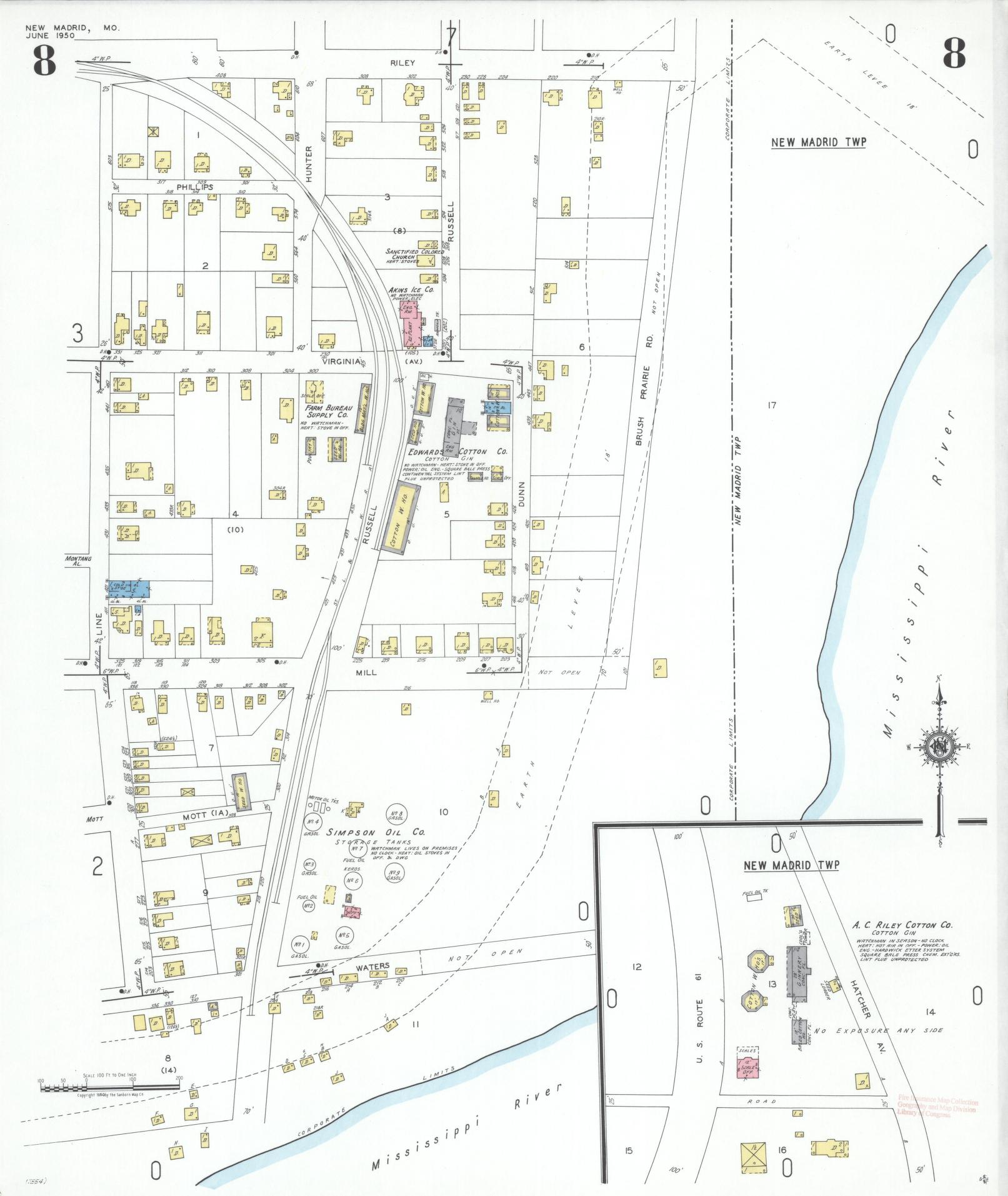 Sanborn Fire Insurance Map from New Madrid, New Madrid County, Missouri (1950), Sheet #0008 - Historic Sanborn Fire Insurance Map Print, vintage old map wall art, antique decor, genealogy gift, Missouri Missouri map
