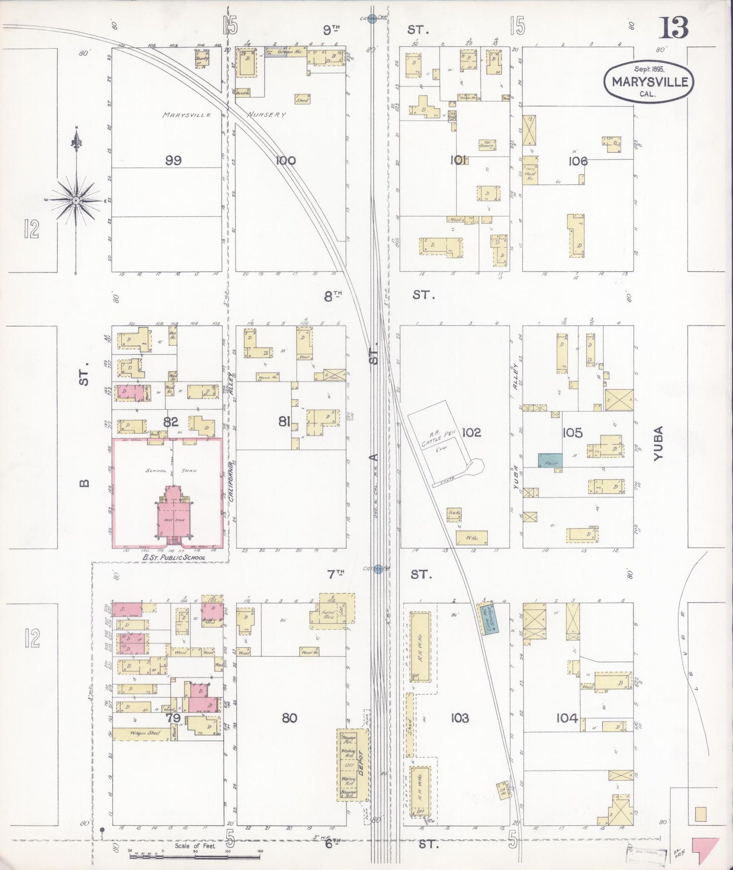 Sanborn Fire Insurance Map from Marysville, Yuba County, California (1895), Sheet #0013 - Historic Sanborn Fire Insurance Map Print, vintage old map wall art, antique decor, genealogy gift, California California map