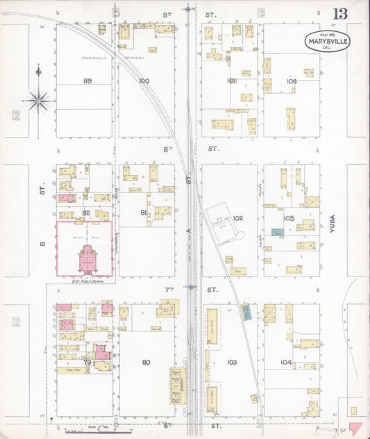 Sanborn Fire Insurance Map from Marysville, Yuba County, California (1895), Sheet #0013 - Historic Sanborn Fire Insurance Map Print, vintage old map wall art, antique decor, genealogy gift, California California map