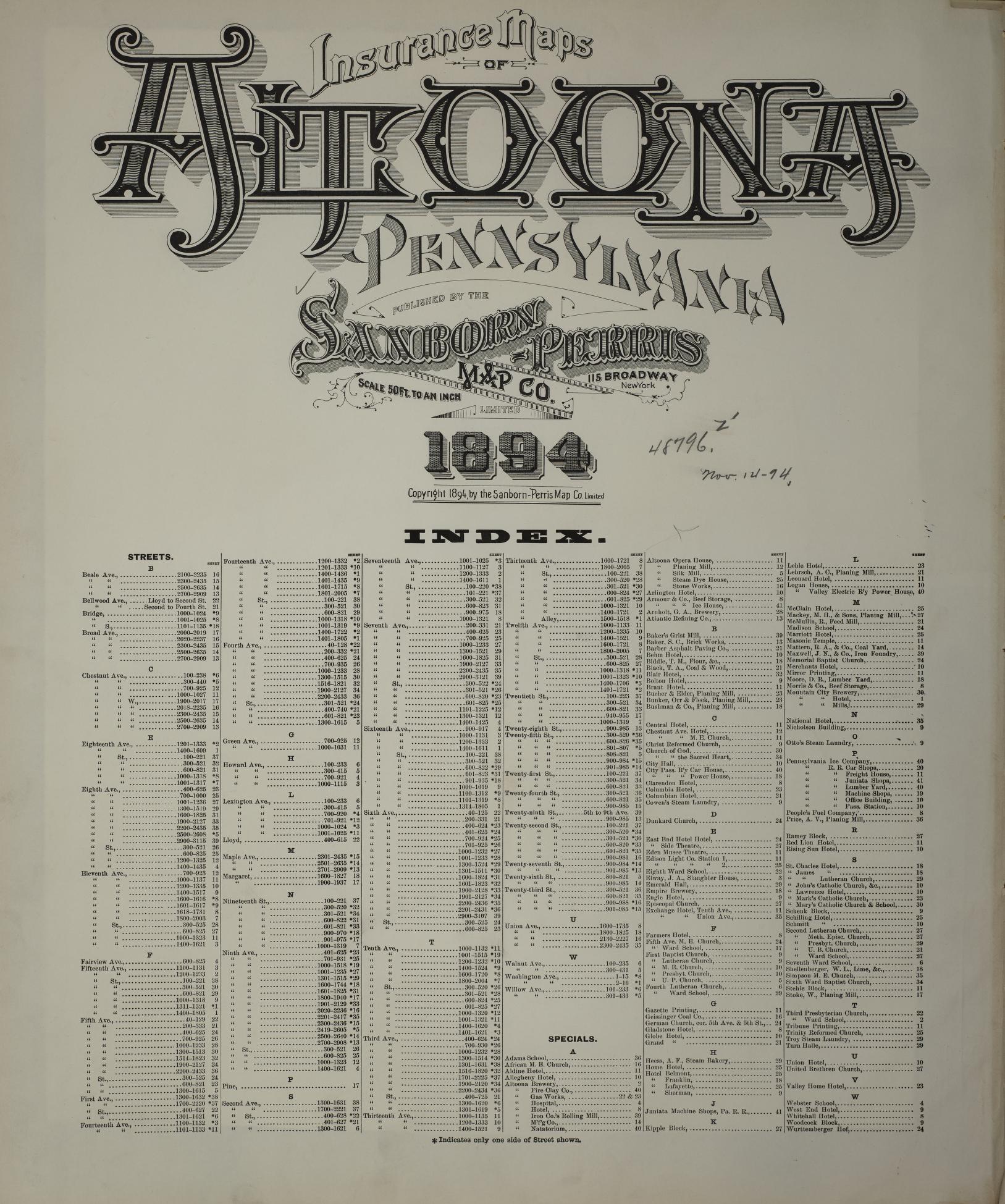 Sanborn Fire Insurance Map from Altoona, Blair County, Pennsylvania (1894), Sheet #0001 - Historic Sanborn Fire Insurance Map Print, vintage old map wall art, antique decor, genealogy gift, Pennsylvania Pennsylvania map