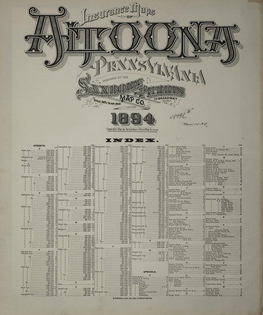 Sanborn Fire Insurance Map from Altoona, Blair County, Pennsylvania (1894), Sheet #0001 - Historic Sanborn Fire Insurance Map Print, vintage old map wall art, antique decor, genealogy gift, Pennsylvania Pennsylvania map