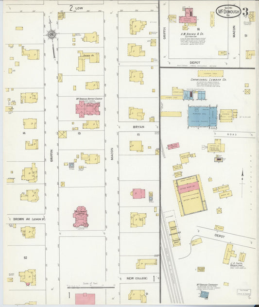 Sanborn Fire Insurance Map from Mcdonough, Henry County, Georgia (1911), Sheet #0003 - Historic Sanborn Fire Insurance Map Print, vintage old map wall art, antique decor, genealogy gift, Georgia Georgia map