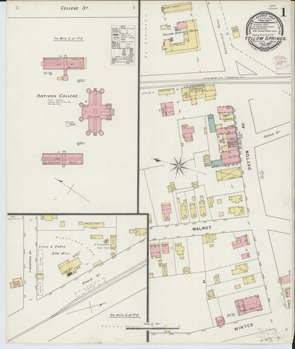 Sanborn Fire Insurance Map from Yellow Springs, Greene County, Ohio (1895), Sheet #0001 - Historic Sanborn Fire Insurance Map Print, vintage old map wall art, antique decor, genealogy gift, Ohio Ohio map