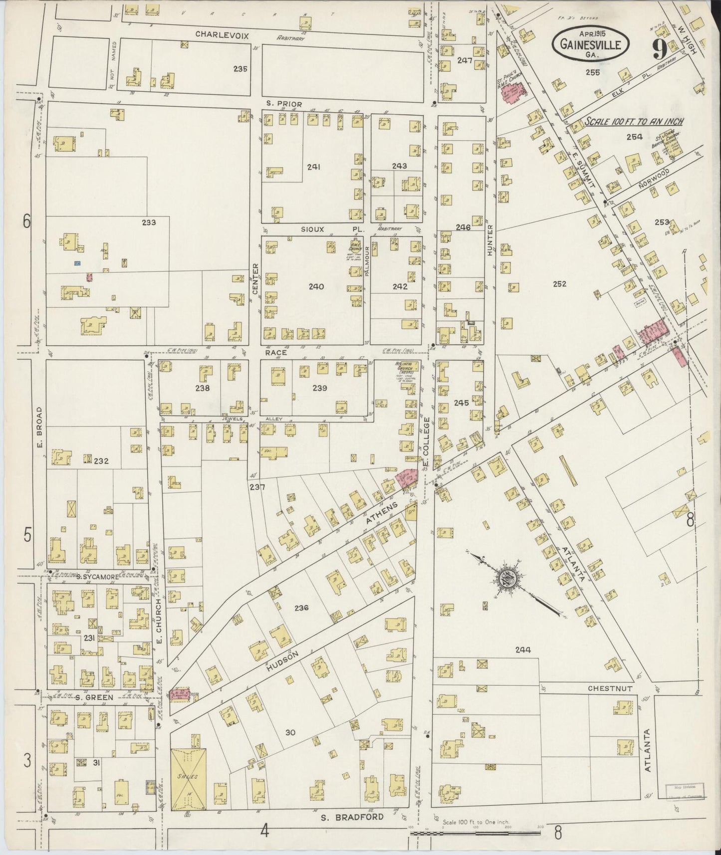 Sanborn Fire Insurance Map from Gainesville, Hall County, Georgia (1915), Sheet #0009 - Complete Map Set gallery image, historic Sanborn map, vintage wall art, Georgia Georgia