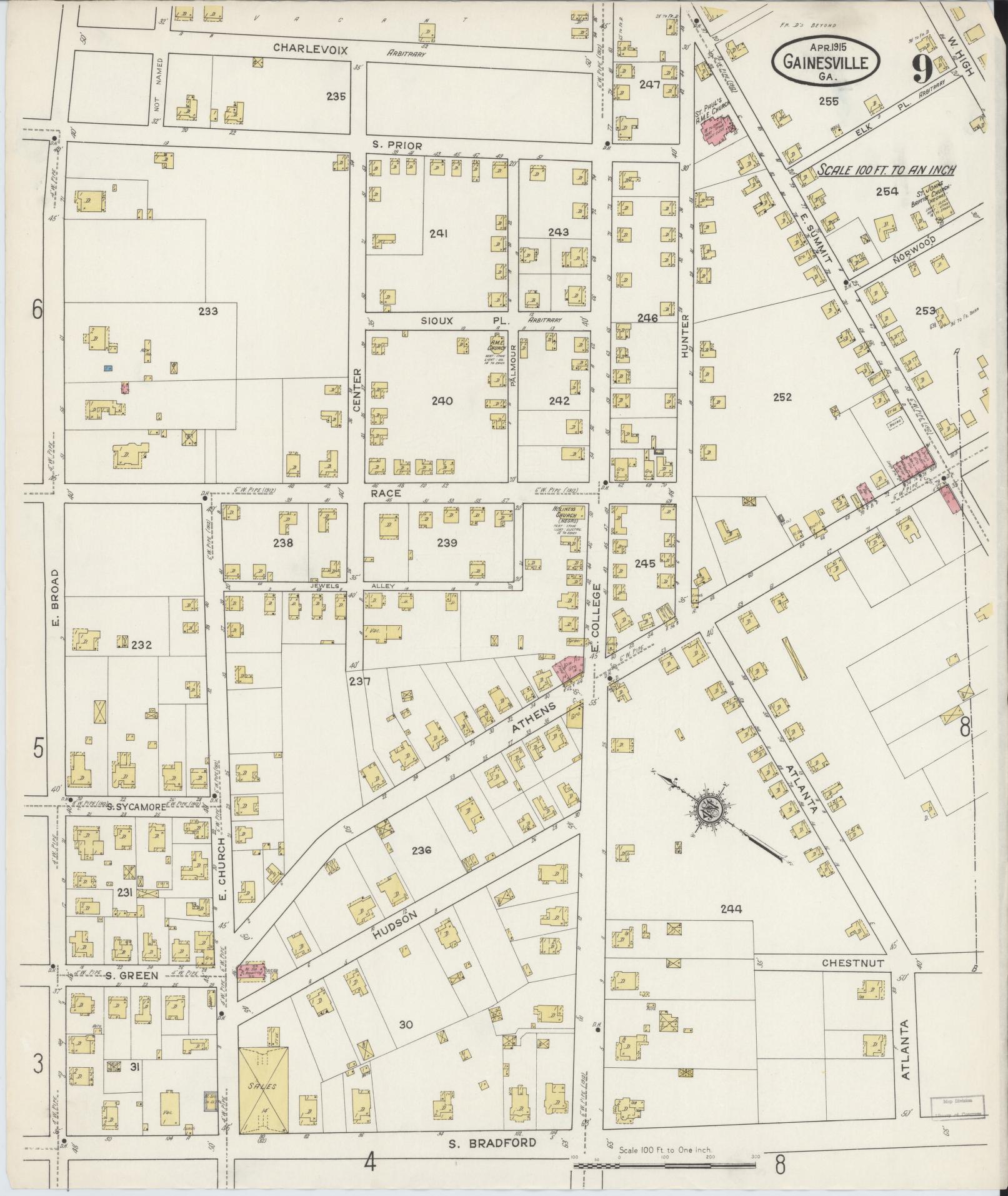 Sanborn Fire Insurance Map from Gainesville, Hall County, Georgia (1915), Sheet #0009 - Complete Map Set gallery image, historic Sanborn map, vintage wall art, Georgia Georgia