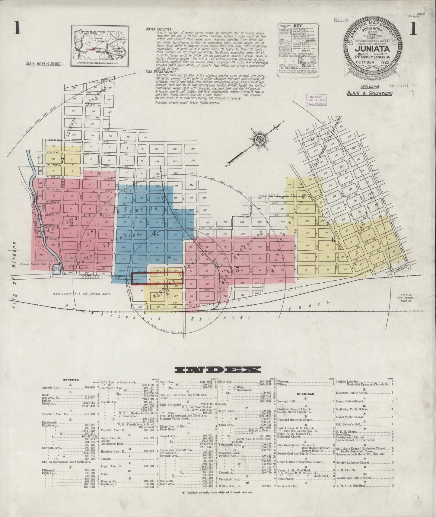 Sanborn Fire Insurance Map from Juniata, Blair County, Pennsylvania (1925), Sheet #0001 - Historic Sanborn Fire Insurance Map Print, vintage old map wall art, antique decor, genealogy gift, Pennsylvania Pennsylvania map