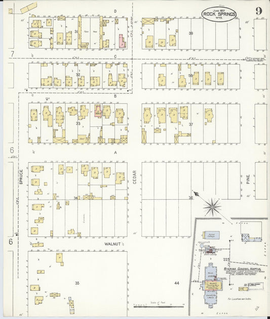 Sanborn Fire Insurance Map from Rock Springs, Sweetwater County, Wyoming (1907), Sheet #0009 - Historic Sanborn Fire Insurance Map Print, vintage old map wall art, antique decor, genealogy gift, Wyoming Wyoming map